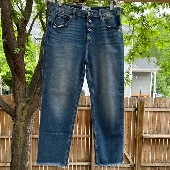 Paige Anthropologie High Rise Sarah Straight Distressed Cropped Jeans Button Fly - Picture 5 of 16